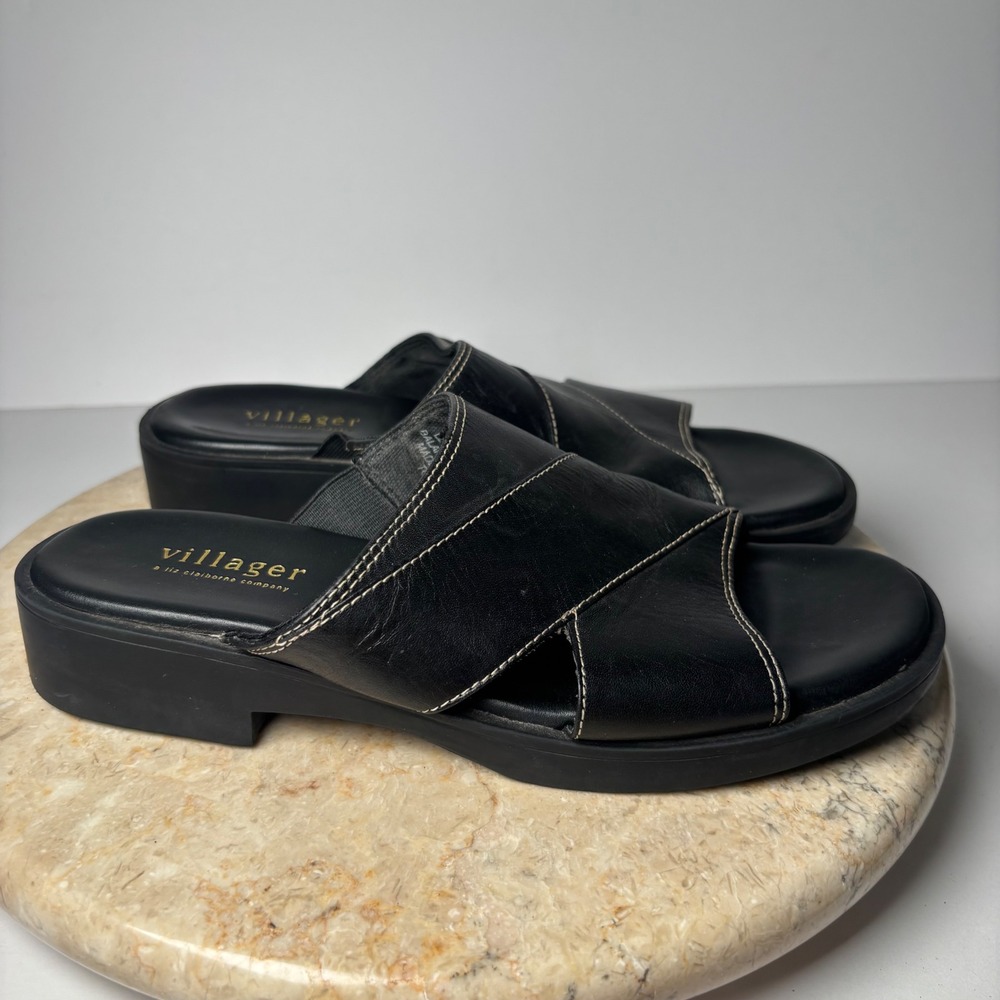 Villager Crown Sandals 6.5M Black Leather Cross Strap Contrast Stitch Mules